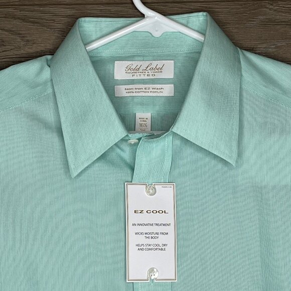 Roundtree & Yorke Shirt 16.5 / 35 Mint Green Stripe EZ Care Gold Label NWT - Picture 6 of 12